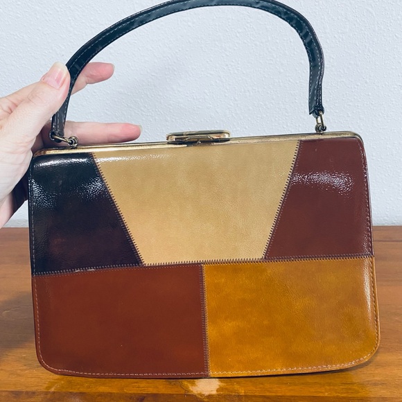Brown and Tan Patchwork Clutch with Mid-Century Modern Flair - Picture 1 of 7